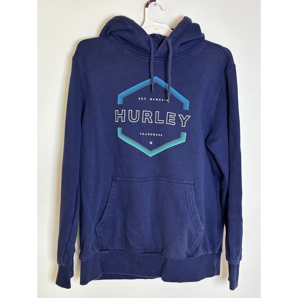 Hurley Mens Navy Blue Graphic Logo Fleece Hoodie Sweatshirt Size Medium